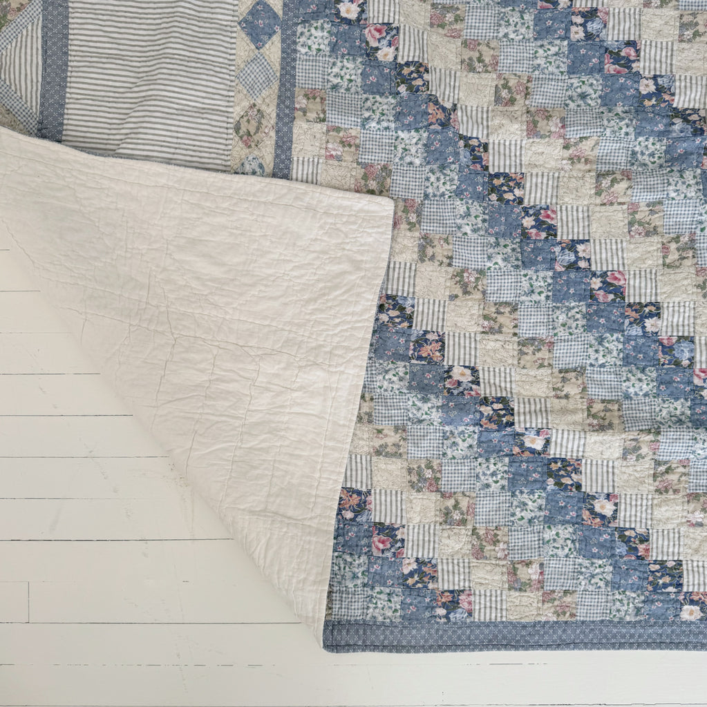 King Blue Botanical Trip Around the World Patchwork Quilt