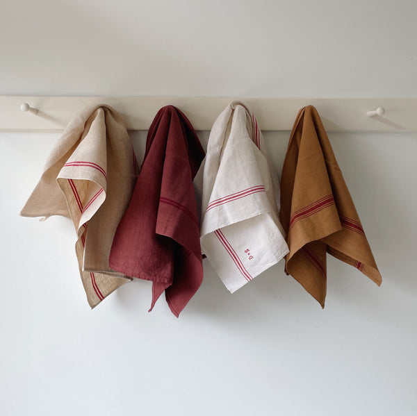 Farmhouse Kitchen Towels Antique Burgundy & Natural Tan, Striped