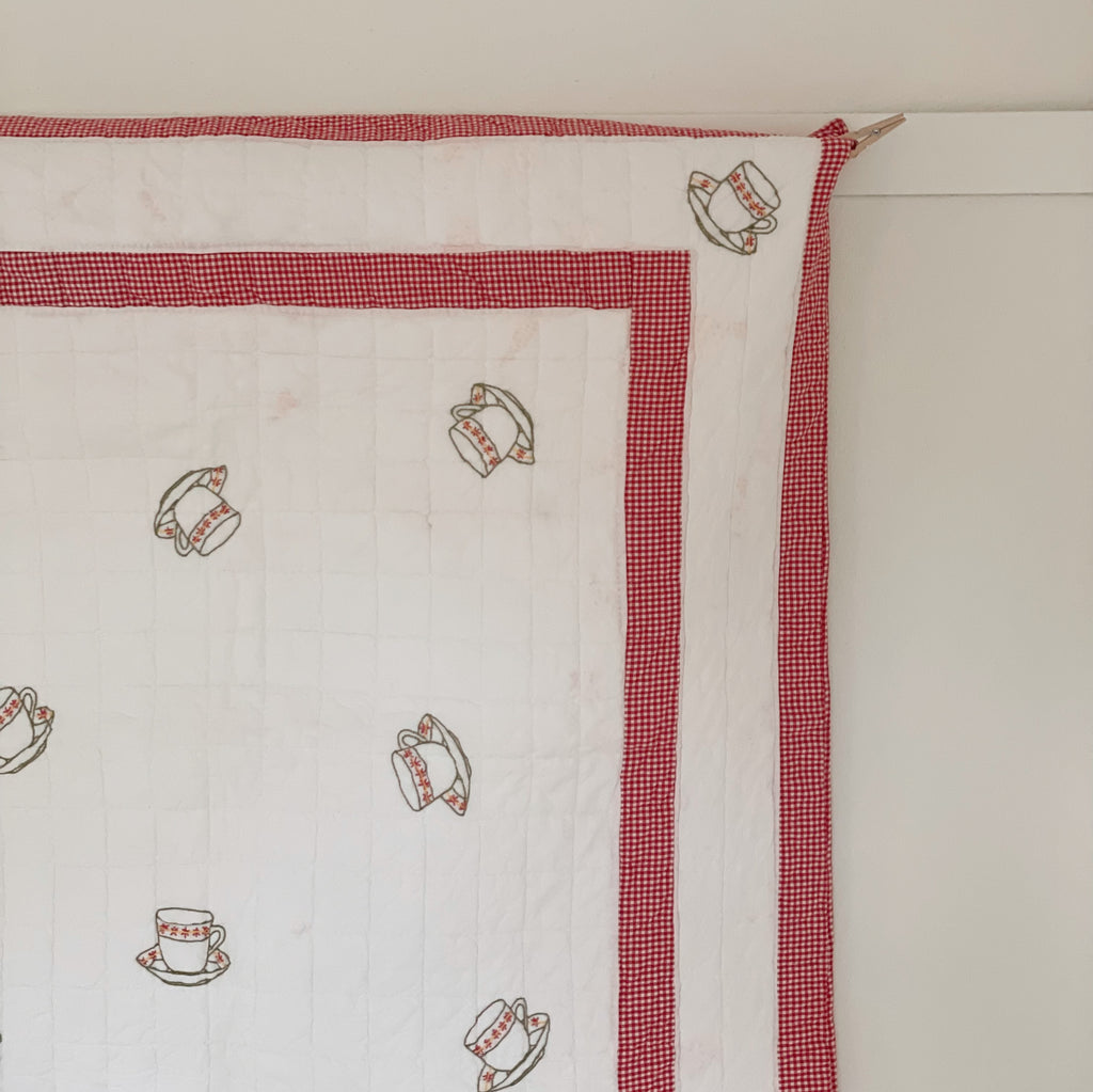 Vintage Red Gingham Tea Party Crib Quilt