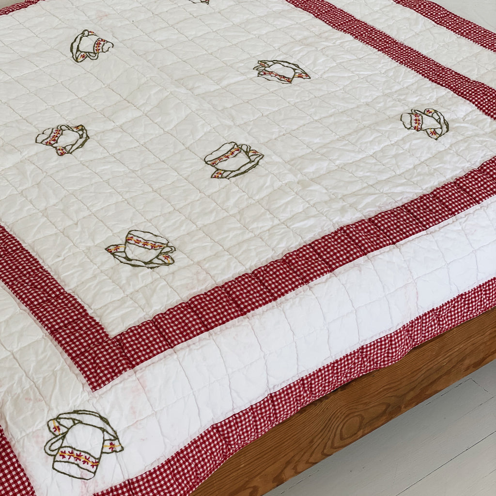 Vintage Red Gingham Tea Party Crib Quilt