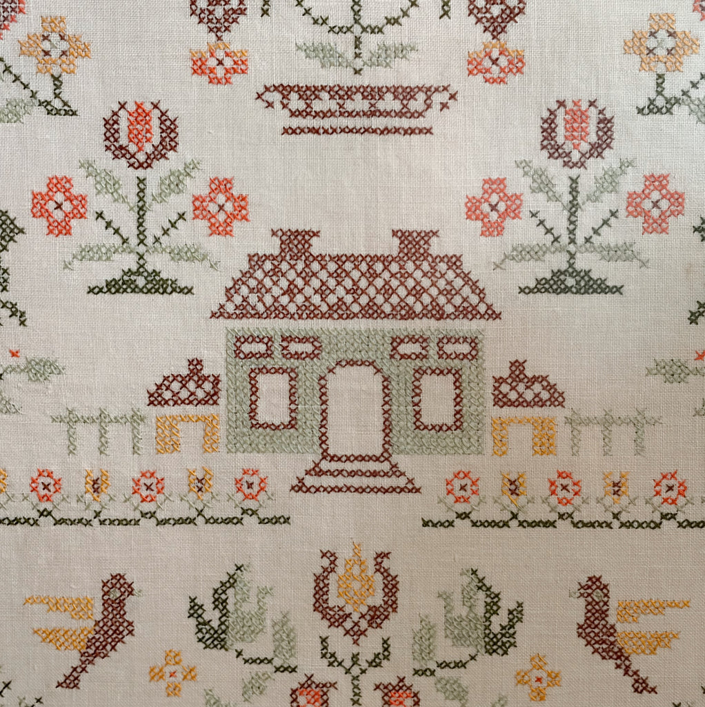 Framed Americana Cross-Stitch Sampler on Linen