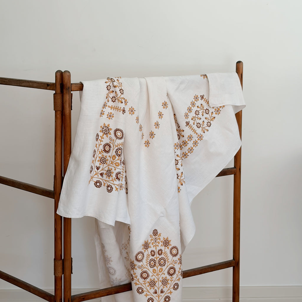 Vintage Block-Printed Linen Tablecloth