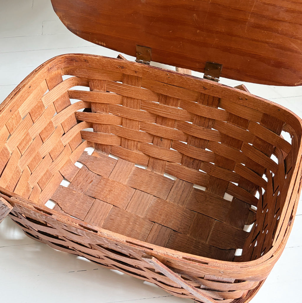 Vintage Woven Wood Picnic Basket