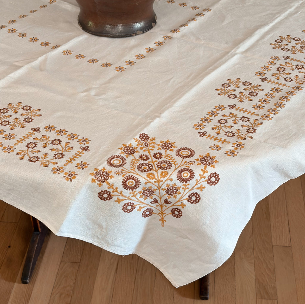 Vintage Block-Printed Linen Tablecloth