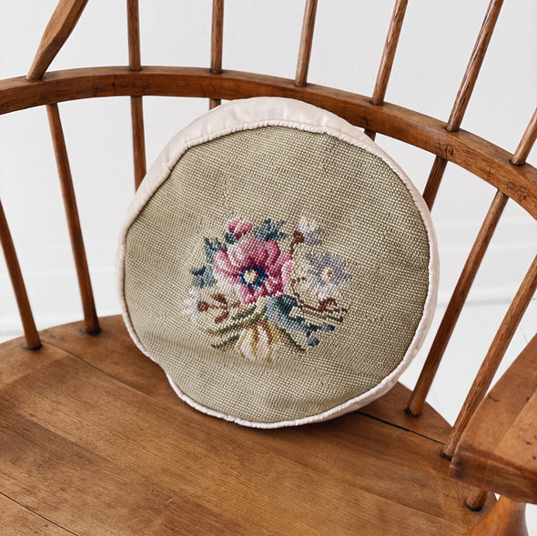 Round Needlepoint Silk Flower Pillow