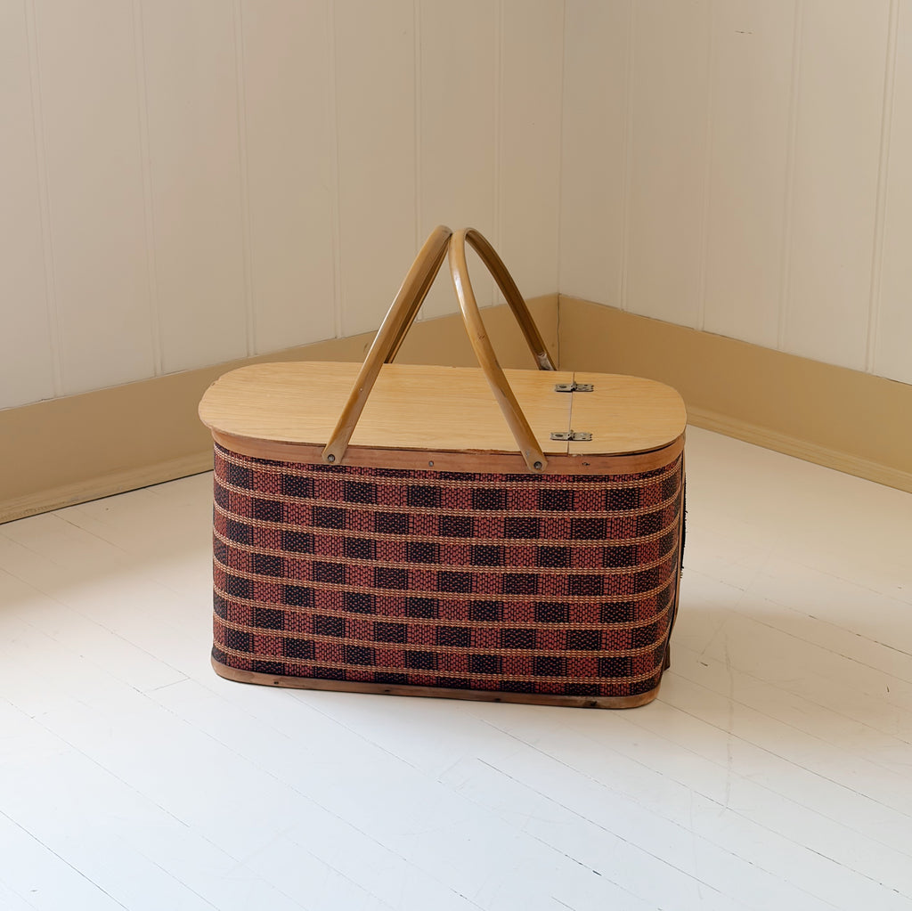 Mid-Century Checkered Picnic Basket