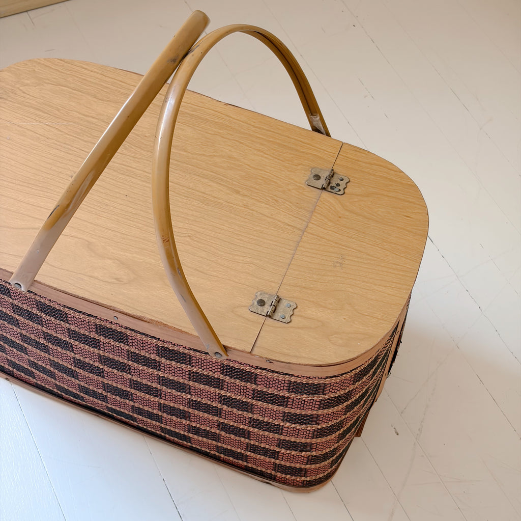Mid-Century Checkered Picnic Basket