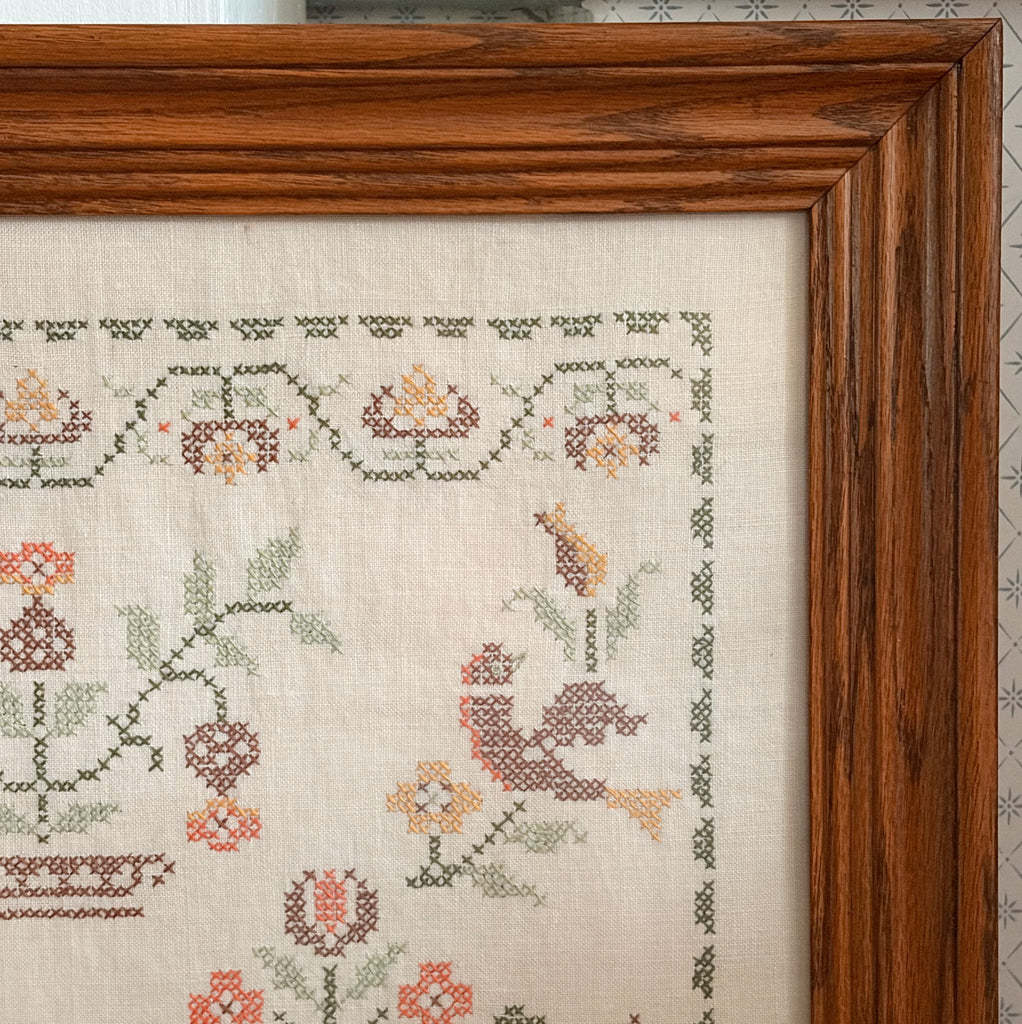 Framed Americana Cross-Stitch Sampler on Linen