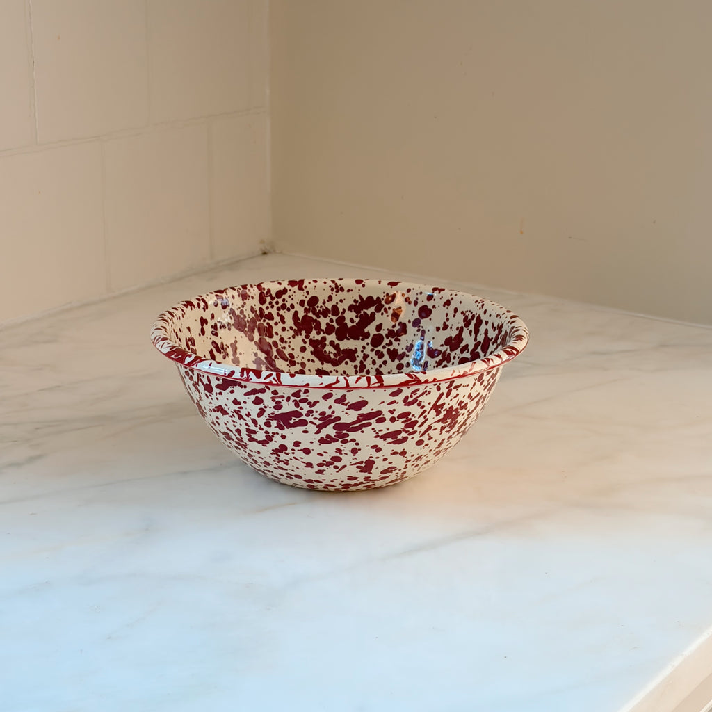 Burgundy & Cream Splatter Enamelware Serving Bowl