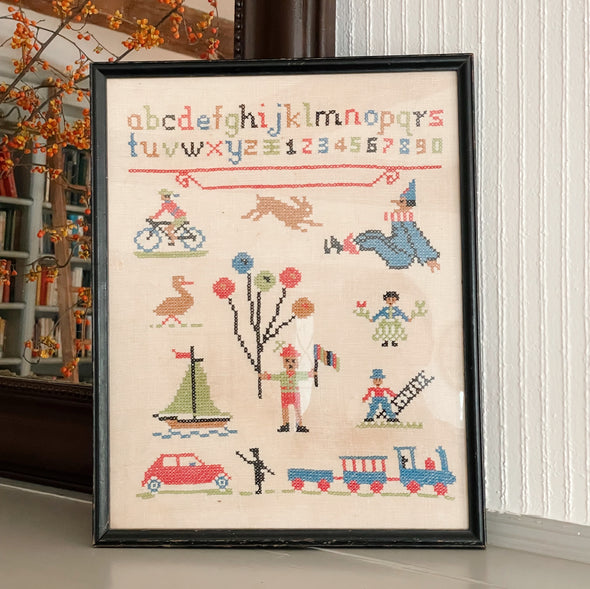 Framed Folk ABC Cross-Stitch Sampler