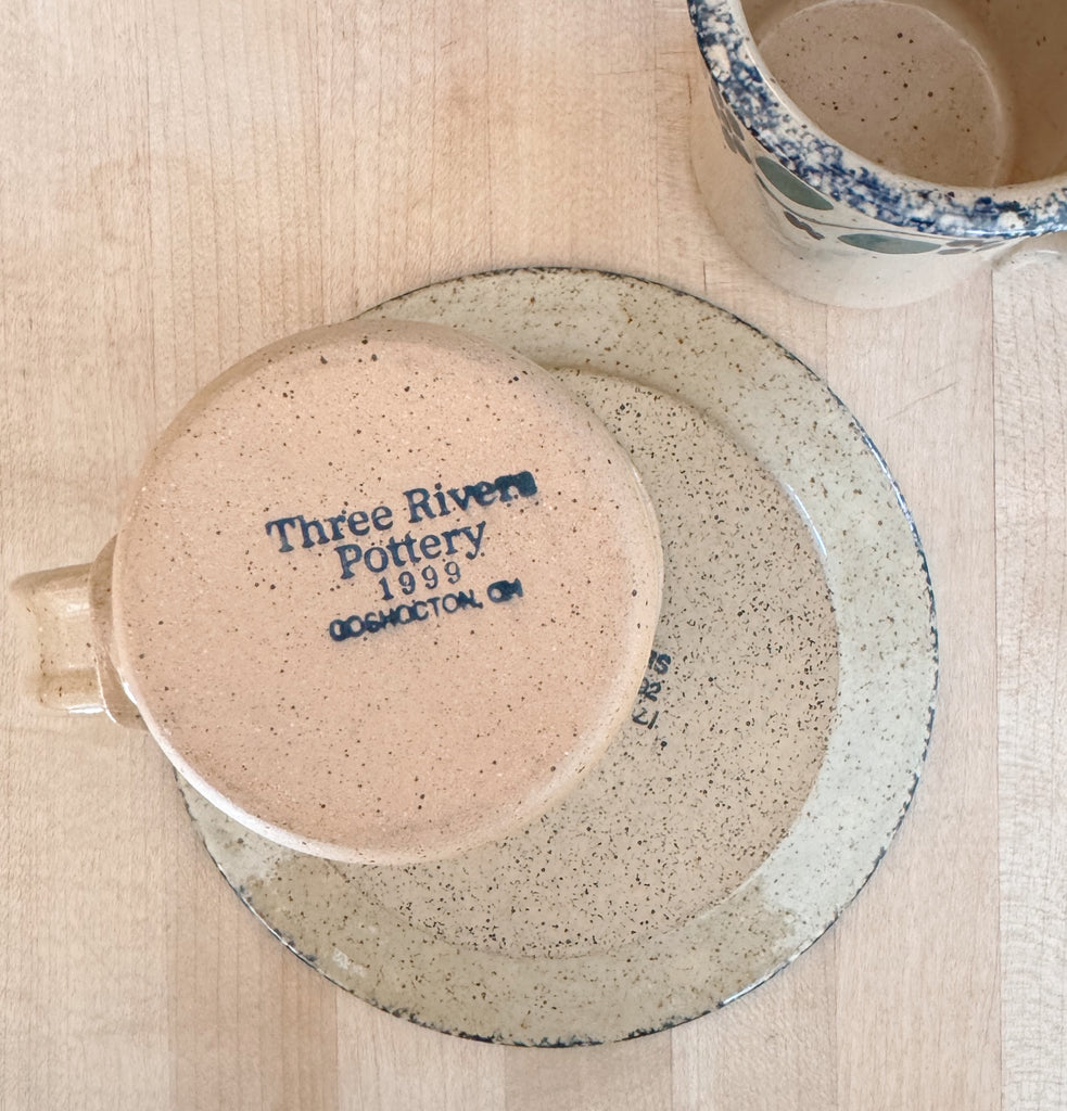 Vintage Stoneware Coffee Mug & Saucer Set