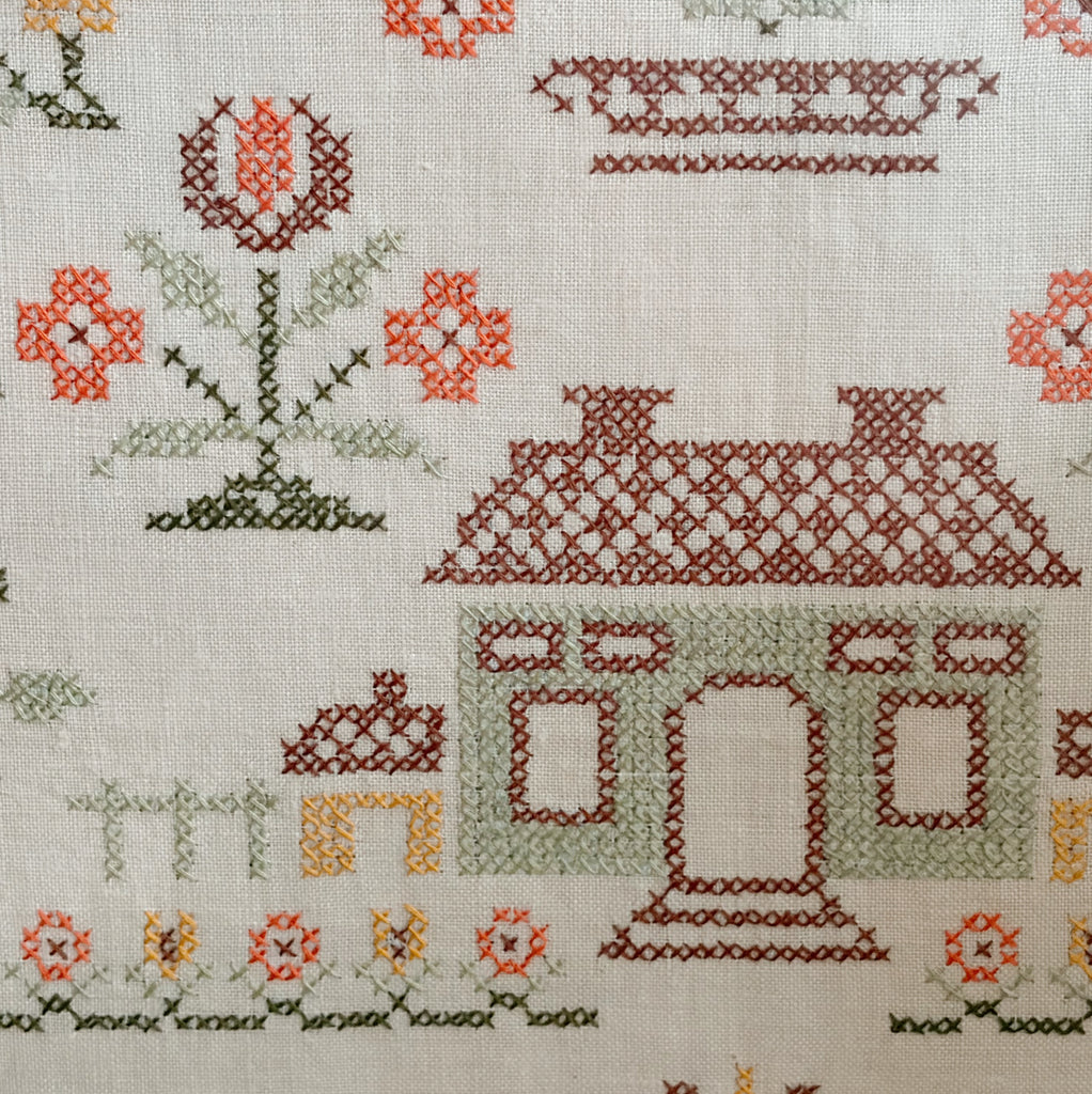 Framed Americana Cross-Stitch Sampler on Linen