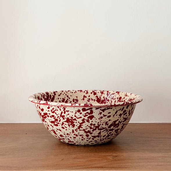 Burgundy & Cream Splatter Enamelware Serving Bowl