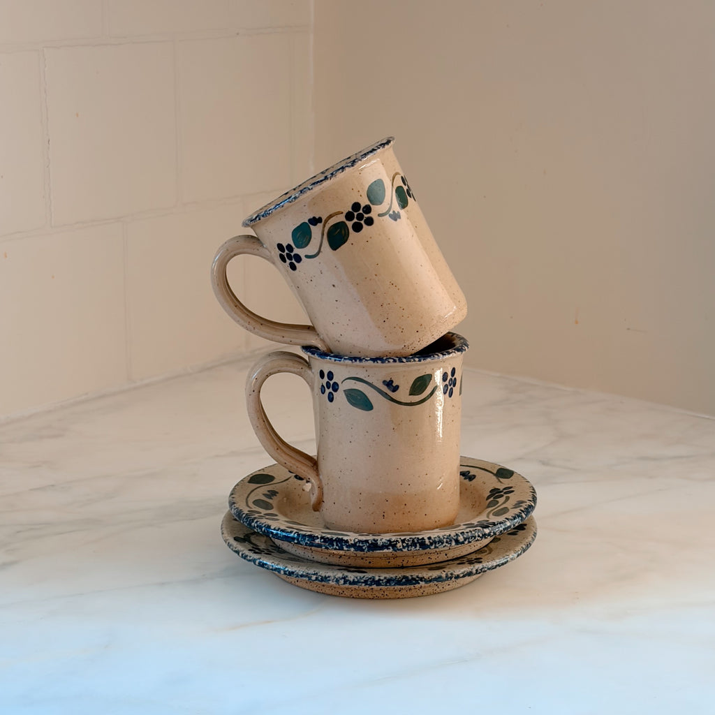Vintage Stoneware Coffee Mug & Saucer Set