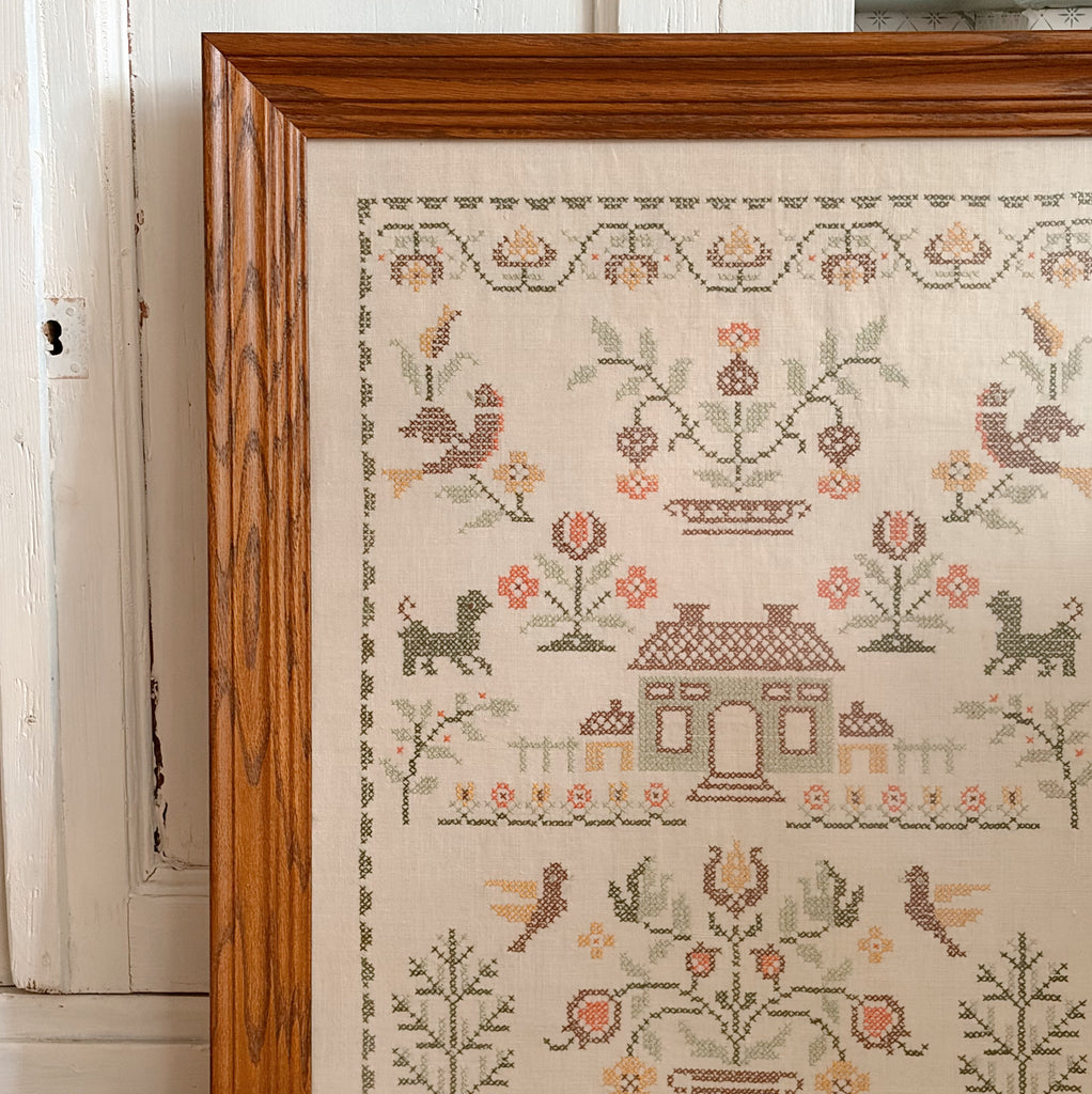 Framed Americana Cross-Stitch Sampler on Linen