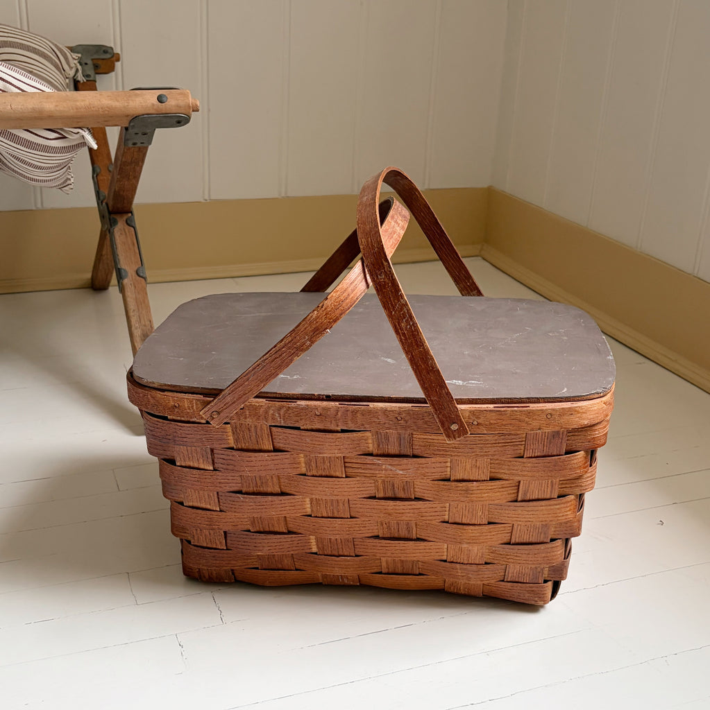 Vintage Woven Wood Picnic Basket