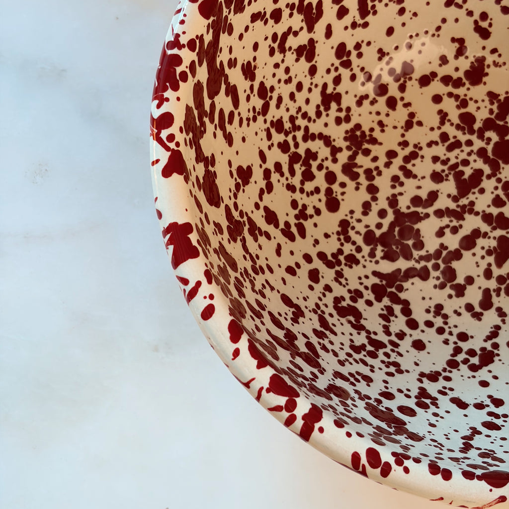 Burgundy & Cream Splatter Enamelware Serving Bowl