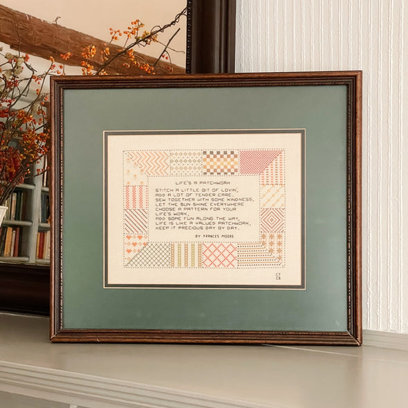 Vintage Framed Cross-Stitch "Life's a Patchwork" Art
