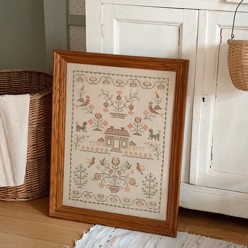 Framed Americana Cross-Stitch Sampler on Linen