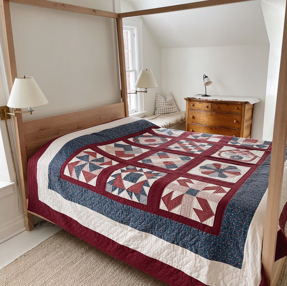 Hand-Stitched Vintage Crimson & Navy Block Quilt