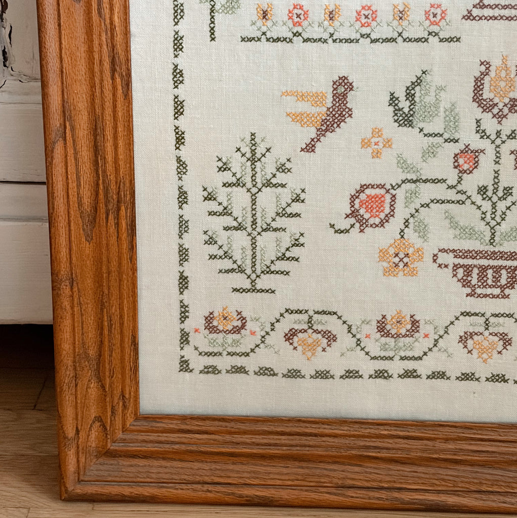 Framed Americana Cross-Stitch Sampler on Linen