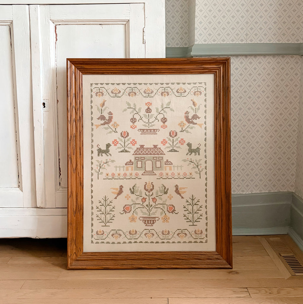 Framed Americana Cross-Stitch Sampler on Linen