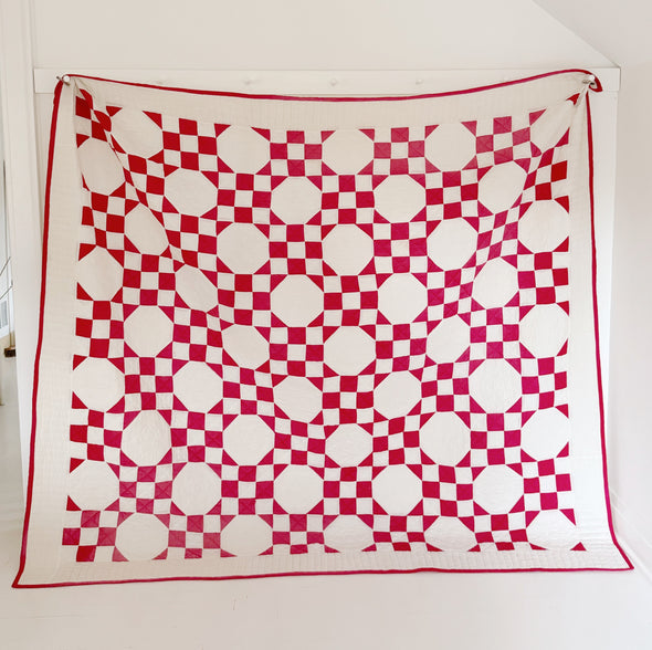 Red and White Irish Chain Snowball Quilt