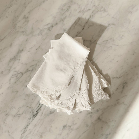 Set of Six Lace-Edged White Cotton Napkins