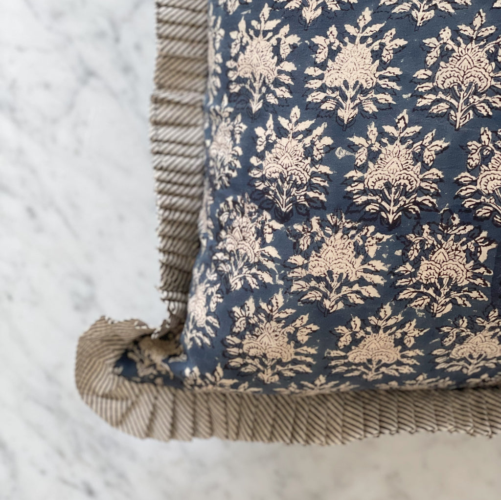 Indigo Floral Hand-Block Printed Pillow with Ruffles