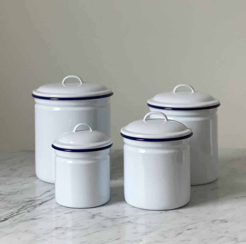 White and Blue Enamel Canisters