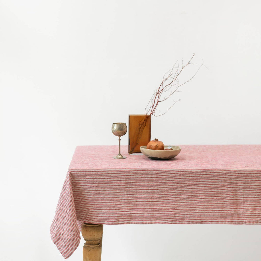 Red Ticking Stripe Linen Tablecloth