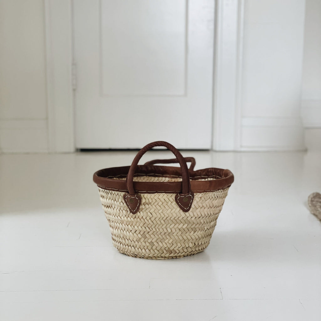 Small Straw handBag French Basket with Brown leather fringe | French Baskets