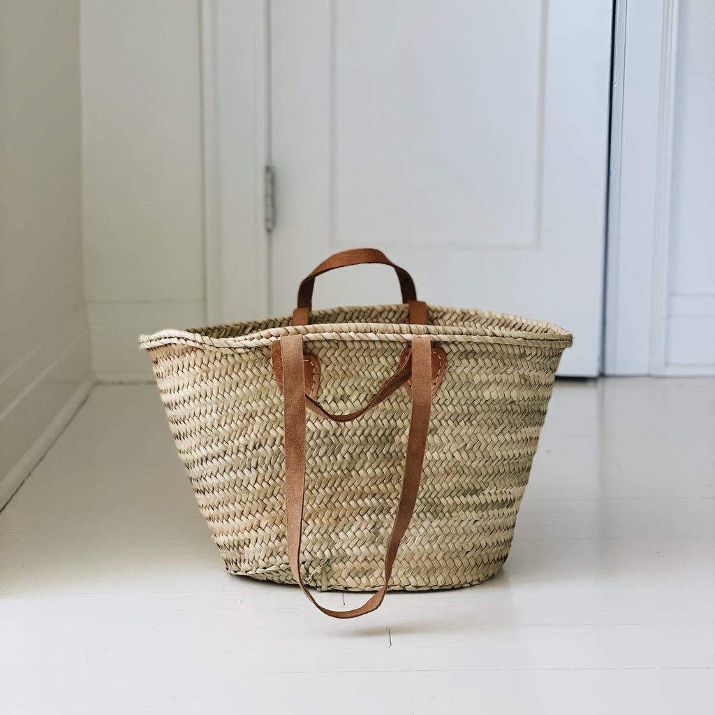 STRAW BAG Handmade with leather, French Market Basket
